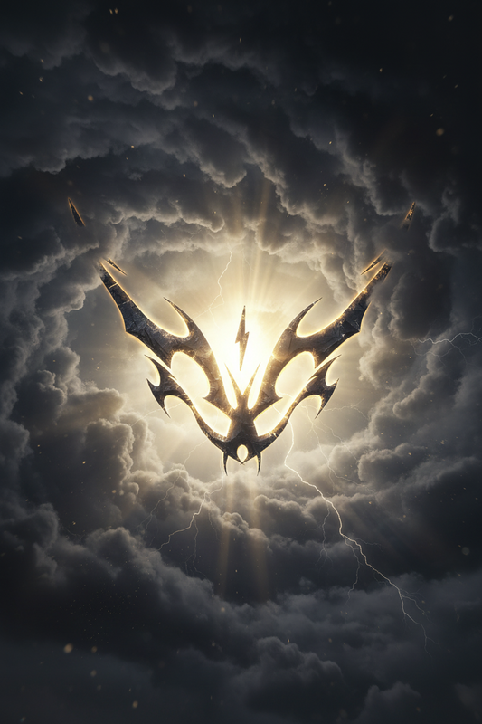 BELVS logo emerging from storm clouds with golden light