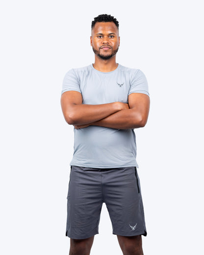 BELVS Ice Grey Performance Top — slim athletic fit side view